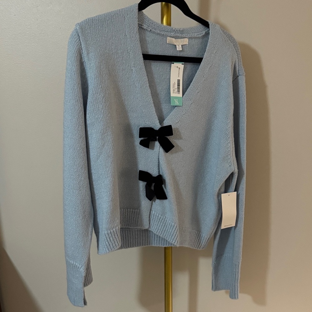 Design History Light Blue Cardigan with Black Bow Details